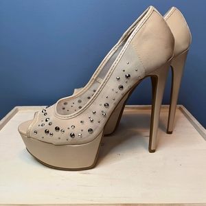 Embellished nude platform heels